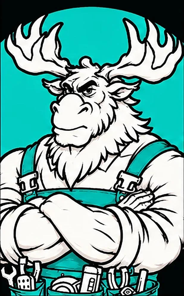 MOOZ with arms crossed and a toolbelt full of wrenches
