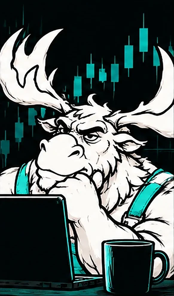 MOOZ squinting at a candle chart over a laptop